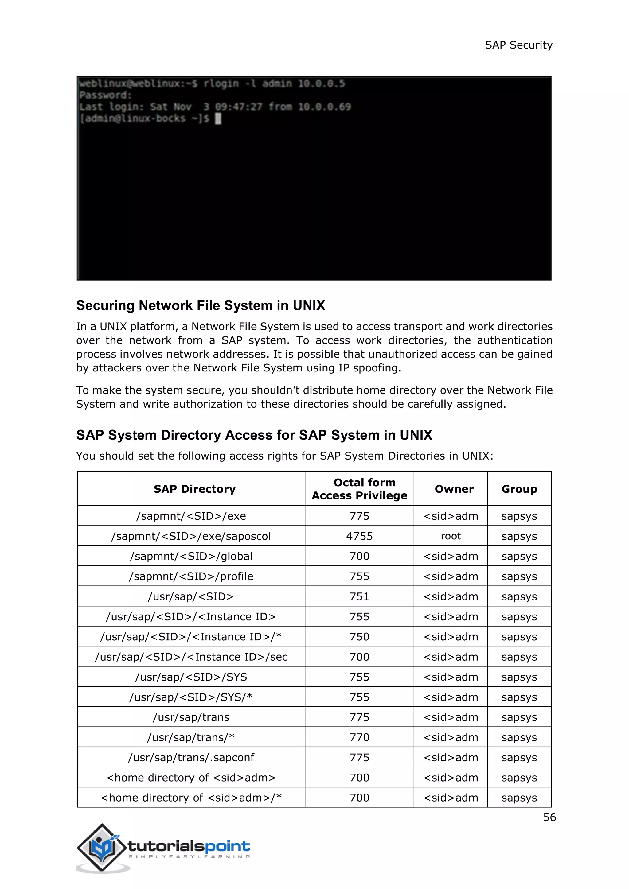 SAP Security
56
Securing Network File System in UNIX
In a UNIX platform, a Network File System is used to access transport and work directories
over the network from a SAP system. To access work directories, the authentication
process involves network addresses. It is possible that unauthorized access can be gained
by attackers over the Network File System using IP spoofing.
To make the system secure, you shouldn’t distribute home directory over the Network File
System and write authorization to these directories should be carefully assigned.
SAP System Directory Access for SAP System in UNIX
You should set the following access rights for SAP System Directories in UNIX:
SAP Directory
Octal form
Access Privilege
Owner Group
/sapmnt/<SID>/exe 775 <sid>adm sapsys
/sapmnt/<SID>/exe/saposcol 4755 root sapsys
/sapmnt/<SID>/global 700 <sid>adm sapsys
/sapmnt/<SID>/profile 755 <sid>adm sapsys
/usr/sap/<SID> 751 <sid>adm sapsys
/usr/sap/<SID>/<Instance ID> 755 <sid>adm sapsys
/usr/sap/<SID>/<Instance ID>/* 750 <sid>adm sapsys
/usr/sap/<SID>/<Instance ID>/sec 700 <sid>adm sapsys
/usr/sap/<SID>/SYS 755 <sid>adm sapsys
/usr/sap/<SID>/SYS/* 755 <sid>adm sapsys
/usr/sap/trans 775 <sid>adm sapsys
/usr/sap/trans/* 770 <sid>adm sapsys
/usr/sap/trans/.sapconf 775 <sid>adm sapsys
<home directory of <sid>adm> 700 <sid>adm sapsys
<home directory of <sid>adm>/* 700 <sid>adm sapsys
 