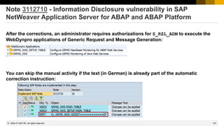 191
© 2022 SAP SE. All rights reserved.
Note 3112710 - Information Disclosure vulnerability in SAP
NetWeaver Application Server for ABAP and ABAP Platform
After the corrections, an administrator requires authorizations for S_RZL_ADM to execute the
WebDynpro applications of Generic Request and Message Generation:
You can skip the manual activity if the text (in German) is already part of the automatic
correction instruction:
2022-01
 