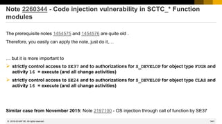 1441
© 2022 SAP SE. All rights reserved.
Note 2260344 - Code injection vulnerability in SCTC_* Function
modules
The prerequisite notes 1454575 and 1454576 are quite old .
Therefore, you easily can apply the note, just do it,…
… but it is more important to
➢ strictly control access to SE37 and to authorizations for S_DEVELOP for object type FUGR and
activity 16 = execute (and all change activities)
➢ strictly control access to SE24 and to authorizations for S_DEVELOP for object type CLAS and
activity 16 = execute (and all change activities)
Similar case from November 2015: Note 2197100 - OS injection through call of function by SE37
2016-03
 