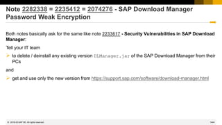 1444
© 2022 SAP SE. All rights reserved.
Note 2282338 = 2235412 = 2074276 - SAP Download Manager
Password Weak Encryption
Both notes basically ask for the same like note 2233617 - Security Vulnerabilities in SAP Download
Manager:
Tell your IT team
➢ to delete / deinstall any existing version DLManager.jar of the SAP Download Manager from their
PCs
and
➢ get and use only the new version from https://support.sap.com/software/download-manager.html
2016-03
 