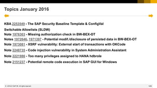 1459
© 2022 SAP SE. All rights reserved.
Topics January 2016
KBA 2253549 - The SAP Security Baseline Template & ConfigVal
Switchable Allowlists (SLDW)
Note 1976303 - Missing authorization check in BW-BEX-OT
Notes 1972646, 1971397 - Potential modif./disclosure of persisted data in BW-BEX-OT
Note 1973081 - XSRF vulnerability: External start of transactions with OKCode
Note 2248735 - Code injection vulnerability in System Administration Assistant
Note 2221986 - Too many privileges assigned to HANA hdbrole
Note 2151237 - Potential remote code execution in SAP GUI for Windows
2016-01
 