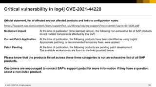199
© 2022 SAP SE. All rights reserved.
Critical vulnerability in log4j CVE-2021-44228
Official statement, list of affected and not affected products and links to configuration notes:
https://support.sap.com/content/dam/support/en_us/library/ssp/my-support/trust-center/sap-tc-01-5025.pdf
No Known Impact At the time of publication (time stamped above), the following non-exhaustive list of SAP products
do not contain components affected by this CVE.
Current Patch Application At the time of publication, the following products have been identified as using Log4J.
Appropriate patching, or recommended temporary fixes, were applied.
Patch Pending At the time of publication, the following products are pending patch development.
The available workarounds are found in the links provided below.
Please know that the products listed across these three categories is not an exhaustive list of all SAP
products.
Customers are encouraged to contact SAP’s support portal for more information if they have a question
about a non-listed product.
2021-12
 