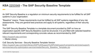 1494
© 2022 SAP SE. All rights reserved.
KBA 2253549 - The SAP Security Baseline Template
An SAP Security Baseline is a regulation on minimum security requirements to be fulfilled for all SAP
systems in your organization.
"Baseline" means: These requirements must be fulfilled by all SAP systems regardless of any risk
assessments. They are general best practices and apply to all systems, regardless of their security
level.
The SAP Security Baseline Template is a template document provided by SAP on how an
organization-specific SAP Security Baseline could be structured. It is pre-filled with selected baseline-
relevant requirements and corresponding concrete values as recommended by SAP.
https://support.sap.com/sos
→ Media Library
CoE Security Services - Security Baseline Template Version
https://support.sap.com/dam/library/SAP%20Support%20Portal/support-programs-services/support-
services/security-optimization-service/media/Security_Baseline_Template.zip.
2015-12
 