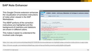 1522
© 2022 SAP SE. All rights reserved.
SAP Note Enhancer
This Google Chrome extension enhances
the visualization of correction instructions
of notes when viewed in the SAP
Marketplace.
The ABAP portions of the correction
instructions are highlighted and the
background of insertions and deletions
are shown in different colors.
This makes it easier to understand the
involved code changes.
https://scn.sap.com/community/abap/blog/2015/06/28/chrome-extension-to-highlight-abap-correction-instructions-in-sap-notes
https://chrome.google.com/webstore/detail/sap-note-enhancer/keibkcomemkcceddcddjdlncidohgedk
2015-08
 