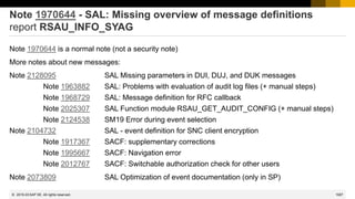 1587
© 2022 SAP SE. All rights reserved.
Note 1970644 - SAL: Missing overview of message definitions
report RSAU_INFO_SYAG
Note 1970644 is a normal note (not a security note)
More notes about new messages:
Note 2128095 SAL Missing parameters in DUI, DUJ, and DUK messages
Note 1963882 SAL: Problems with evaluation of audit log files (+ manual steps)
Note 1968729 SAL: Message definition for RFC callback
Note 2025307 SAL Function module RSAU_GET_AUDIT_CONFIG (+ manual steps)
Note 2124538 SM19 Error during event selection
Note 2104732 SAL - event definition for SNC client encryption
Note 1917367 SACF: supplementary corrections
Note 1995667 SACF: Navigation error
Note 2012767 SACF: Switchable authorization check for other users
Note 2073809 SAL Optimization of event documentation (only in SP)
2015-03
 