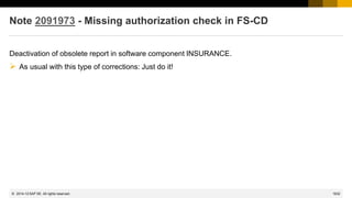 1632
© 2022 SAP SE. All rights reserved.
Note 2091973 - Missing authorization check in FS-CD
Deactivation of obsolete report in software component INSURANCE.
➢ As usual with this type of corrections: Just do it!
2014-12
 