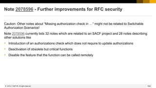 1642
© 2022 SAP SE. All rights reserved.
Note 2078596 - Further improvements for RFC security
Caution: Other notes about “Missing authorization check in …“ might not be related to Switchable
Authorization Scenarios!
Note 2078596 currently lists 32 notes which are related to an SACF project and 28 notes describing
other solutions like
• Introduction of an authorizations check which does not require to update authorizations
• Deactivation of obsolete but critical functions
• Disable the feature that the function can be called remotely
2014-11
 