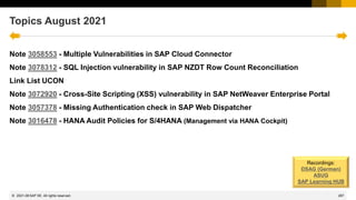 287
© 2022 SAP SE. All rights reserved.
Topics August 2021
Note 3058553 - Multiple Vulnerabilities in SAP Cloud Connector
Note 3078312 - SQL Injection vulnerability in SAP NZDT Row Count Reconciliation
Link List UCON
Note 3072920 - Cross-Site Scripting (XSS) vulnerability in SAP NetWeaver Enterprise Portal
Note 3057378 - Missing Authentication check in SAP Web Dispatcher
Note 3016478 - HANA Audit Policies for S/4HANA (Management via HANA Cockpit)
Recordings:
DSAG (German)
ASUG
SAP Learning HUB
2021-08
 