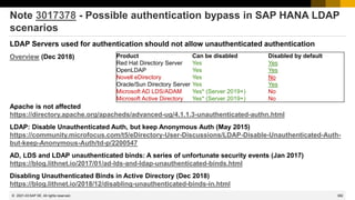 382
© 2022 SAP SE. All rights reserved.
Note 3017378 - Possible authentication bypass in SAP HANA LDAP
scenarios
LDAP Servers used for authentication should not allow unauthenticated authentication
Overview (Dec 2018)
Apache is not affected
https://directory.apache.org/apacheds/advanced-ug/4.1.1.3-unauthenticated-authn.html
LDAP: Disable Unauthenticated Auth, but keep Anonymous Auth (May 2015)
https://community.microfocus.com/t5/eDirectory-User-Discussions/LDAP-Disable-Unauthenticated-Auth-
but-keep-Anonymous-Auth/td-p/2200547
AD, LDS and LDAP unauthenticated binds: A series of unfortunate security events (Jan 2017)
https://blog.lithnet.io/2017/01/ad-lds-and-ldap-unauthenticated-binds.html
Disabling Unauthenticated Binds in Active Directory (Dec 2018)
https://blog.lithnet.io/2018/12/disabling-unauthenticated-binds-in.html
Product Can be disabled Disabled by default
Red Hat Directory Server Yes Yes
OpenLDAP Yes Yes
Novell eDirectory Yes No
Oracle/Sun Directory Server Yes Yes
Microsoft AD LDS/ADAM Yes* (Server 2019+) No
Microsoft Active Directory Yes* (Server 2019+) No
2021-03
 