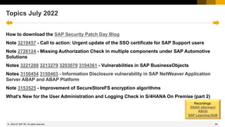 94
© 2022 SAP SE. All rights reserved.
Topics July 2022
How to download the SAP Security Patch Day Blog
Note 3219457 - Call to action: Urgent update of the SSO certificate for SAP Support users
Note 2726124 - Missing Authorization Check in multiple components under SAP Automotive
Solutions
Notes 3221288 3213279 3203079 3194361 - Vulnerabilities in SAP BusinessObjects
Notes 3150454 3150463 - Information Disclosure vulnerability in SAP NetWeaver Application
Server ABAP and ABAP Platform
Note 3153525 - Improvement of SecureStoreFS encryption algorithms
What's New for the User Administration and Logging Check in S/4HANA On Premise (part 2)
Recordings:
DSAG (German)
ASUG
SAP Learning HUB
2022-07
 