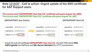 97
© 2022 SAP SE. All rights reserved.
Note 3219457 - Call to action: Urgent update of the SSO certificate
for SAP Support users
The current used "SAPSUPPORT User Sub CA" certificate will expire August 1st, 2022!
The current used "SAPSUPPORT Root CA" certificate will expire August 1st, 2027
SAPSUPPORT User SubCA SAPSUPPORT Root CA
➢ Import the sub CA certificate SAPSUPPORT User Sub CA into both PSE stores SNC
SAPCryptolib (for SAPGUI) and SSL-Server Standard (for HTTP connections)
2022-07
 