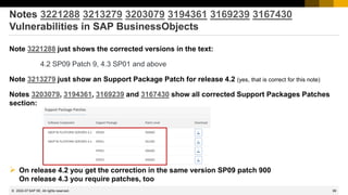99
© 2022 SAP SE. All rights reserved.
Notes 3221288 3213279 3203079 3194361 3169239 3167430
Vulnerabilities in SAP BusinessObjects
Note 3221288 just shows the corrected versions in the text:
4.2 SP09 Patch 9, 4.3 SP01 and above
Note 3213279 just show an Support Package Patch for release 4.2 (yes, that is correct for this note)
Notes 3203079, 3194361, 3169239 and 3167430 show all corrected Support Packages Patches
section:
➢ On release 4.2 you get the correction in the same version SP09 patch 900
On release 4.3 you require patches, too
2022-07
 