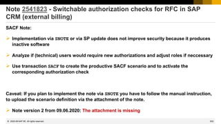 553
© 2022 SAP SE. All rights reserved.
Note 2541823 - Switchable authorization checks for RFC in SAP
CRM (external billing)
SACF Note:
➢ Implementation via SNOTE or via SP update does not improve security because it produces
inactive software
➢ Analyze if (technical) users would require new authorizations and adjust roles if neccessary
➢ Use transaction SACF to create the productive SACF scenario and to activate the
corresponding authorization check
Caveat: If you plan to implement the note via SNOTE you have to follow the manual instruction,
to upload the scenario definition via the attachment of the note.
➢ Note version 2 from 09.06.2020: The attachment is missing
2020-06
 