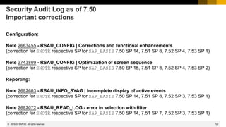 722
© 2022 SAP SE. All rights reserved.
Security Audit Log as of 7.50
Important corrections
Configuration:
Note 2663455 - RSAU_CONFIG | Corrections and functional enhancements
(correction for SNOTE respective SP for SAP_BASIS 7.50 SP 14, 7.51 SP 8, 7.52 SP 4, 7.53 SP 1)
Note 2743809 - RSAU_CONFIG | Optimization of screen sequence
(correction for SNOTE respective SP for SAP_BASIS 7.50 SP 15, 7.51 SP 8, 7.52 SP 4, 7.53 SP 2)
Reporting:
Note 2682603 - RSAU_INFO_SYAG | Incomplete display of active events
(correction for SNOTE respective SP for SAP_BASIS 7.50 SP 14, 7.51 SP 8, 7.52 SP 3, 7.53 SP 1)
Note 2682072 - RSAU_READ_LOG - error in selection with filter
(correction for SNOTE respective SP for SAP_BASIS 7.50 SP 14, 7.51 SP 7, 7.52 SP 3, 7.53 SP 1)
2019-07
 