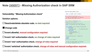861
© 2022 SAP SE. All rights reserved.
Vulnerability: “Missing Authorization check”
Solution options:
□Deactivate/delete obsolete code
□Change code
□Invent allowlist
□Invent ‘old’ authorization check
□Invent ‘new’ authorization check
□Invent ‘switched’ authorization check
Note 2490973 - Missing Authorization check in SAP SRM
Vulnerability: “Missing Authorization check”
Solution options:
□Deactivate/delete obsolete code, no test required
■Change code
□Invent allowlist, manual configuration required
□Invent ‘old’ authorization check, no change of roles required
□Invent ‘new’ authorization check, change of roles required
□Invent ‘switched’ authorization check, change of roles and manual configuration required
2018-11
 