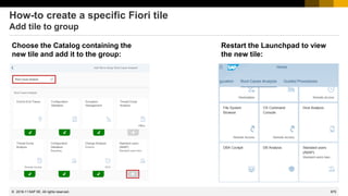 875
© 2022 SAP SE. All rights reserved.
How-to create a specific Fiori tile
Add tile to group
2018-11
Choose the Catalog containing the
new tile and add it to the group:
Restart the Launchpad to view
the new tile:
 