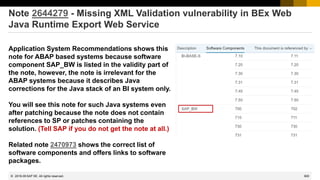 900
© 2022 SAP SE. All rights reserved.
Note 2644279 - Missing XML Validation vulnerability in BEx Web
Java Runtime Export Web Service
Application System Recommendations shows this
note for ABAP based systems because software
component SAP_BW is listed in the validity part of
the note, however, the note is irrelevant for the
ABAP systems because it describes Java
corrections for the Java stack of an BI system only.
You will see this note for such Java systems even
after patching because the note does not contain
references to SP or patches containing the
solution. (Tell SAP if you do not get the note at all.)
Related note 2470973 shows the correct list of
software components and offers links to software
packages.
2018-09
 