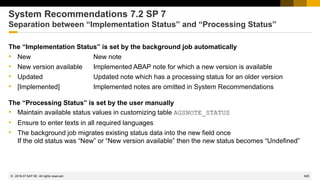 928
© 2022 SAP SE. All rights reserved.
System Recommendations 7.2 SP 7
Separation between “Implementation Status” and “Processing Status”
The “Implementation Status” is set by the background job automatically
• New New note
• New version available Implemented ABAP note for which a new version is available
• Updated Updated note which has a processing status for an older version
• [Implemented] Implemented notes are omitted in System Recommendations
The “Processing Status” is set by the user manually
• Maintain available status values in customizing table AGSNOTE_STATUS
• Ensure to enter texts in all required languages
• The background job migrates existing status data into the new field once
If the old status was “New” or “New version available” then the new status becomes “Undefined”
2018-07
 