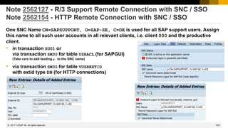 1051
© 2022 SAP SE. All rights reserved.
Note 2562127 - R/3 Support Remote Connection with SNC / SSO
Note 2562154 - HTTP Remote Connection with SNC / SSO
One SNC Name CN=SAPSUPPORT, O=SAP-SE, C=DE is used for all SAP support users. Assign
this name to all such user accounts in all relevant clients, i.e. client 000 and the productive
client.
• in transaction SU01 or
via transaction SM30 for table USRACL (for SAPGUI)
(Take care to add leading p: to the SNC name)
• via transaction SM30 for table VUSREXTID
with extid type DN (for HTTP connections)
2017-12
 