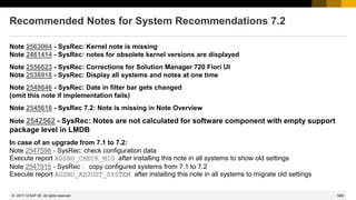 1060
© 2022 SAP SE. All rights reserved.
Recommended Notes for System Recommendations 7.2
Note 2563064 - SysRec: Kernel note is missing
Note 2461414 - SysRec: notes for obsolete kernel versions are displayed
Note 2556623 - SysRec: Corrections for Solution Manager 720 Fiori UI
Note 2536918 - SysRec: Display all systems and notes at one time
Note 2549846 - SysRec: Date in filter bar gets changed
(omit this note if implementation fails)
Note 2545616 - SysRec 7.2: Note is missing in Note Overview
Note 2542562 - SysRec: Notes are not calculated for software component with empty support
package level in LMDB
In case of an upgrade from 7.1 to 7.2:
Note 2547598 - SysRec: check configuration data
Execute report AGSNO_CHECK_MIG after installing this note in all systems to show old settings
Note 2547915 - SysRec： copy configured systems from 7.1 to 7.2
Execute report AGSNO_ADJUST_SYSTEM after installing this note in all systems to migrate old settings
2017-12
 