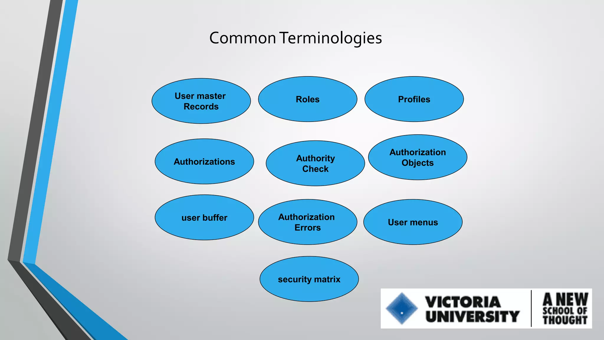 Common Terminologies

User master
Records

Roles

Authorizations

Authority
Check

user buffer

Authorization
Errors

security matrix

Profiles

Authorization
Objects

User menus

 