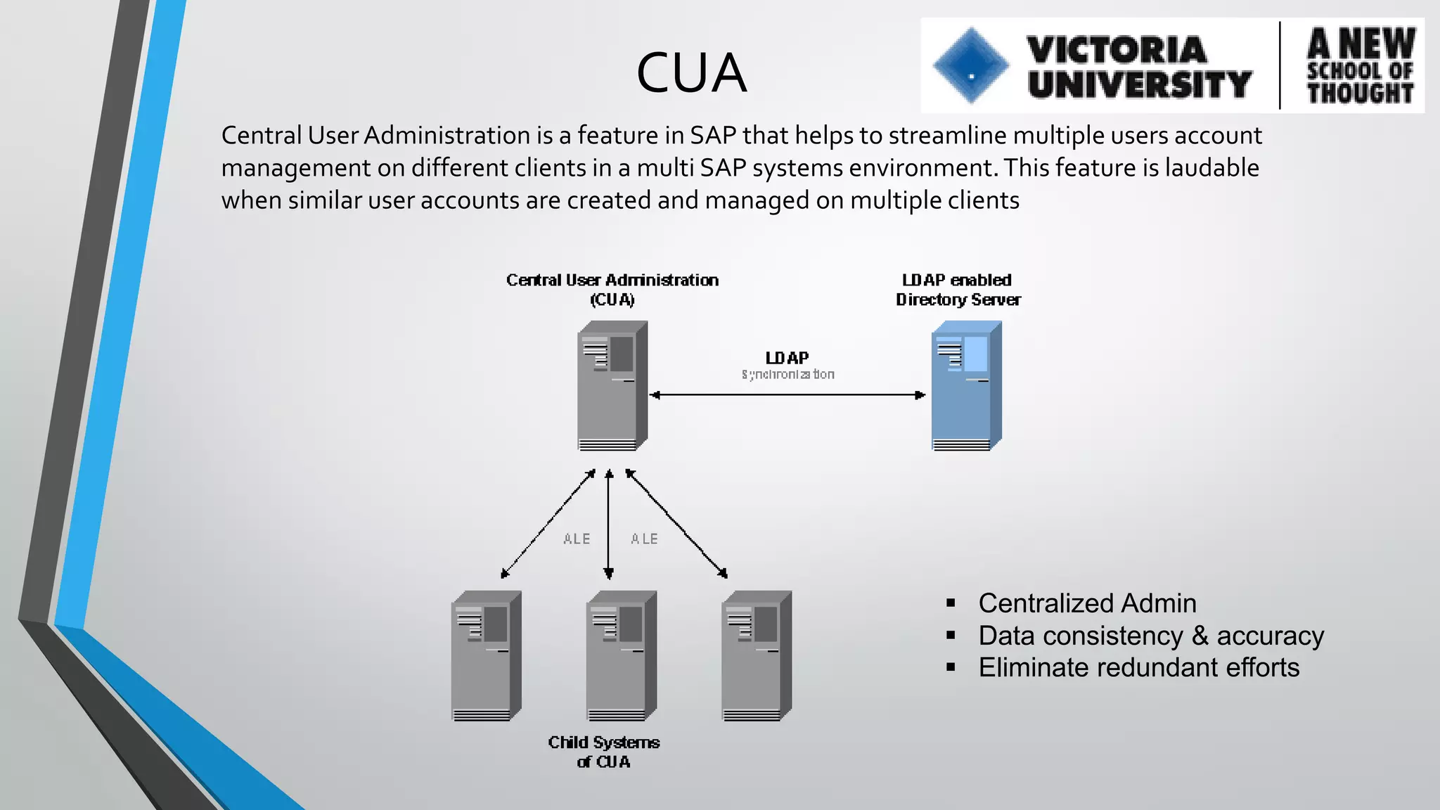 CUA
Central User Administration is a feature in SAP that helps to streamline multiple users account
management on different clients in a multi SAP systems environment. This feature is laudable
when similar user accounts are created and managed on multiple clients

 Centralized Admin
 Data consistency & accuracy
 Eliminate redundant efforts

 