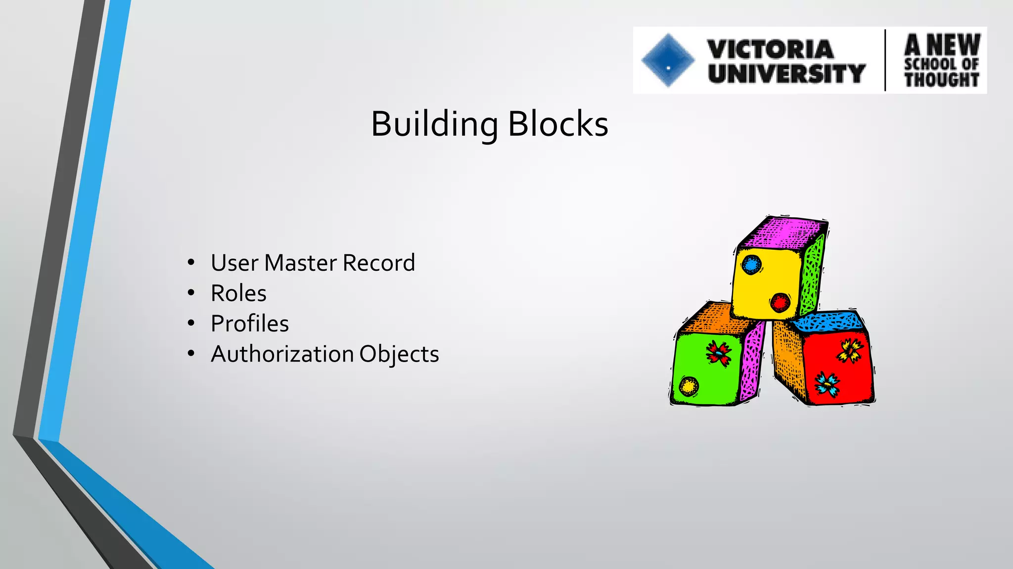 Building Blocks

•
•
•
•

User Master Record
Roles
Profiles
Authorization Objects

 