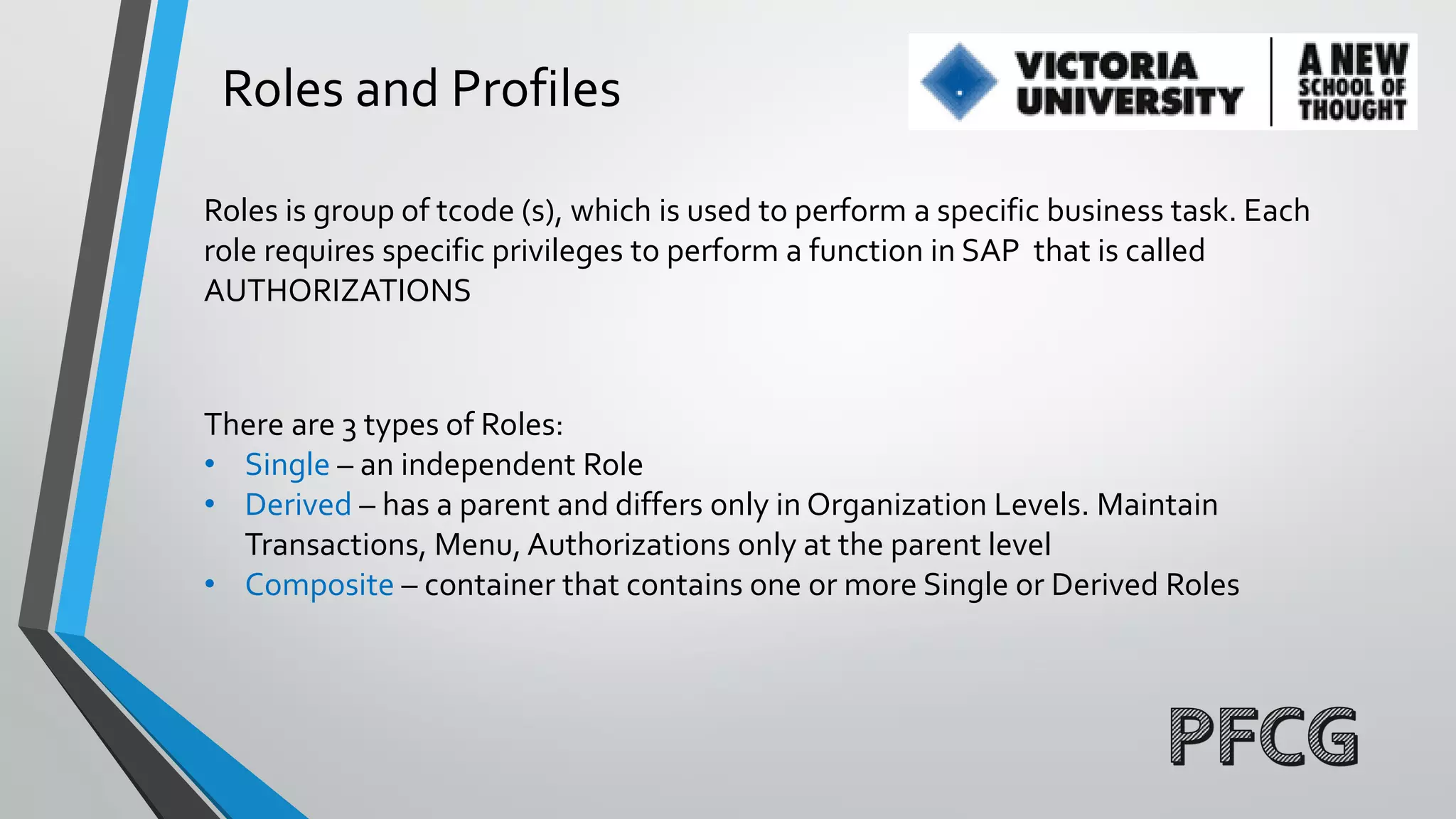 Roles and Profiles
Roles is group of tcode (s), which is used to perform a specific business task. Each
role requires specific privileges to perform a function in SAP that is called
AUTHORIZATIONS

There are 3 types of Roles:
• Single – an independent Role
• Derived – has a parent and differs only in Organization Levels. Maintain
Transactions, Menu, Authorizations only at the parent level
• Composite – container that contains one or more Single or Derived Roles

 