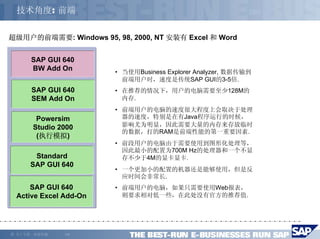 技术角度: 前端

超级用户的前端需要: Windows 95, 98, 2000, NT 安装有 Excel 和 Word


        SAP GUI 640
        BW Add On         • 当使用Business Explorer Analyzer, 数据传输到
                            前端用户时，速度是传统SAP GUI的3-5倍.
        SAP GUI 640       • 在推荐的情况下，用户的电脑需要至少128M的
        SEM Add On          内存.
                          • 前端用户的电脑的速度很大程度上会取决于处理
         Powersim           器的速度，特别是在有Java程序运行的时候，
        Studio 2000         影响尤为明显，因此需要大量的内存来存放临时
                            的数据，打的RAM是前端性能的第一重要因素.
         (执行模拟)
                          • 前段用户的电脑由于需要使用到图形化处理等，
                            因此最小的配置为700M Hz的处理器和一个不显
         Standard           存不少于4M的显卡显卡.
        SAP GUI 640
                          • 一个更加小的配置的机器还是能够使用，但是反
                            应时间会非常长.
        SAP GUI 640       • 前端用户的电脑，如果只需要使用Web报表，
    Active Excel Add-On     则要求相对低一些，在此处没有官方的推荐值.




©   马丁专著，欢迎传播   -14-
 