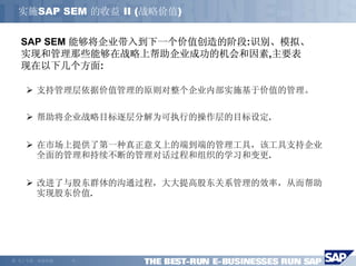 实施SAP SEM 的收益 II (战略价值)


    SAP SEM 能够将企业带入到下一个价值创造的阶段:识别、模拟、
    实现和管理那些能够在战略上帮助企业成功的机会和因素,主要表
    现在以下几个方面:

        支持管理层依据价值管理的原则对整个企业内部实施基于价值的管理。


        帮助将企业战略目标逐层分解为可执行的操作层的目标设定.


        在市场上提供了第一种真正意义上的端到端的管理工具，该工具支持企业
        全面的管理和持续不断的管理对话过程和组织的学习和变更.


        改进了与股东群体的沟通过程，大大提高股东关系管理的效率，从而帮助
        实现股东价值.




©   马丁专著，欢迎传播   -7-
 