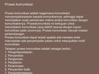 Proses komunikasi:
Proses komunikasi adalah bagaimana komunikator
menyampaikanpesan kepada komunikannya, sehingga dapat
menciptakan suatu persamaan makna antara komunikan dengan
komunikatornya. Proseskomunikasi ini bertujuan untuk
menciptakan komunikasi yang efektif (sesuai dengan tujuan
komunikasi pada umumnya). Proses komunikasi, banyak melalui
perkembangan.
Proses komunikasi dapat terjadi apabila ada interaksi antar
manusiadan ada penyampaian pesan untuk mewujudkan motif
komunikasi.
Tahapan proses komunikasi adalah sebagai berikut :
1. Penginterpretasian.
2. Penyandian.
3. Pengiriman.
4. Perjalanan.
5. Penerimaan.
6. Penyandian balik.
7. Penginterpretasian.
 