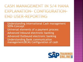  Understanding International Cash management
SEPA-Concept
 Universal elements of a payment process
 Advanced Inbound electronic banking
 Advanced Outbound electronic banking
 Understanding Bank communication
management(BCM) Configuration of cash
 