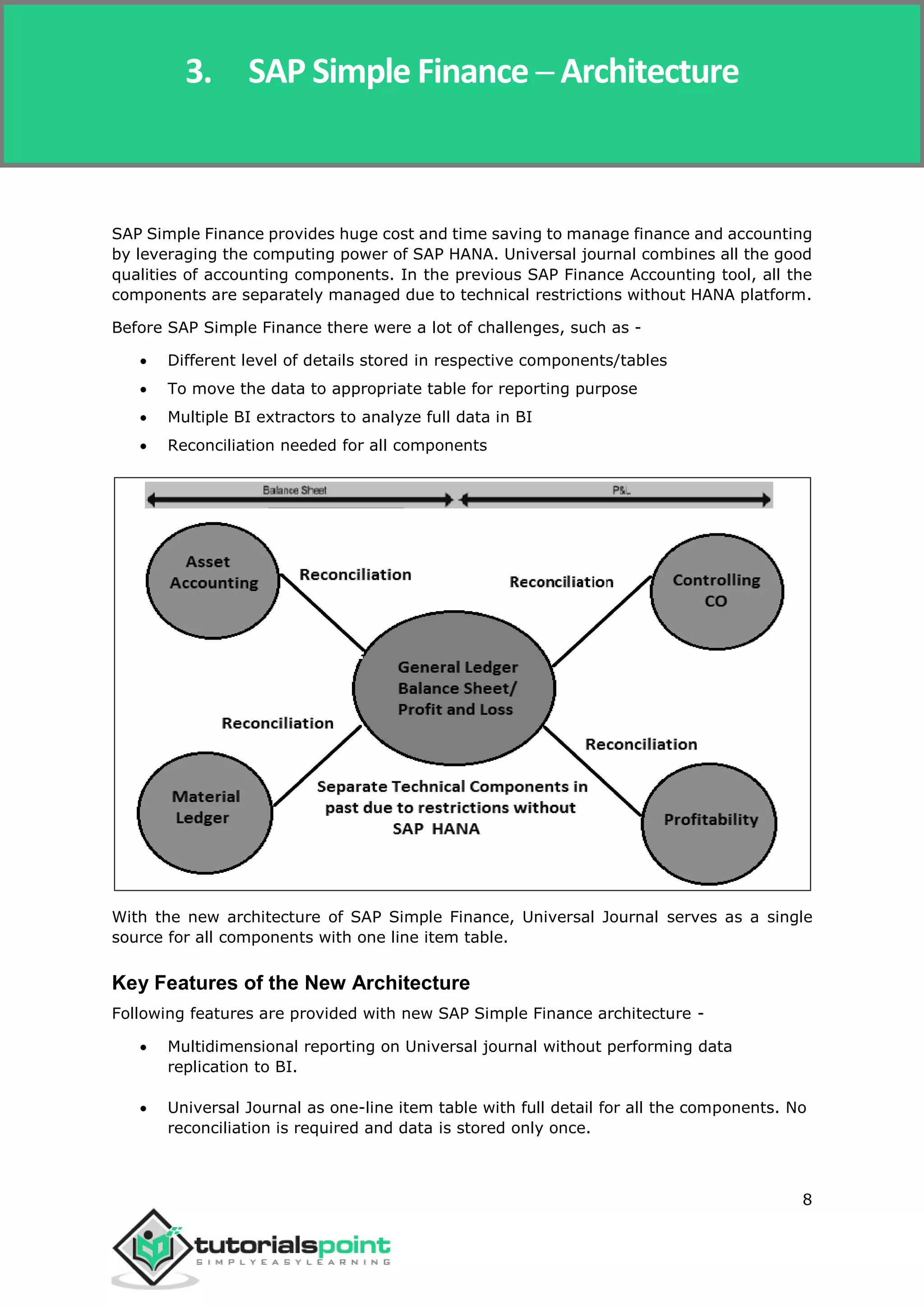 SAP Simple Finance
8
SAP Simple Finance provides huge cost and time saving to manage finance and accounting
by leveraging the computing power of SAP HANA. Universal journal combines all the good
qualities of accounting components. In the previous SAP Finance Accounting tool, all the
components are separately managed due to technical restrictions without HANA platform.
Before SAP Simple Finance there were a lot of challenges, such as -
 Different level of details stored in respective components/tables
 To move the data to appropriate table for reporting purpose
 Multiple BI extractors to analyze full data in BI
 Reconciliation needed for all components
With the new architecture of SAP Simple Finance, Universal Journal serves as a single
source for all components with one line item table.
Key Features of the New Architecture
Following features are provided with new SAP Simple Finance architecture -
 Multidimensional reporting on Universal journal without performing data
replication to BI.
 Universal Journal as one-line item table with full detail for all the components. No
reconciliation is required and data is stored only once.
3. SAP Simple Finance ─ Architecture
 