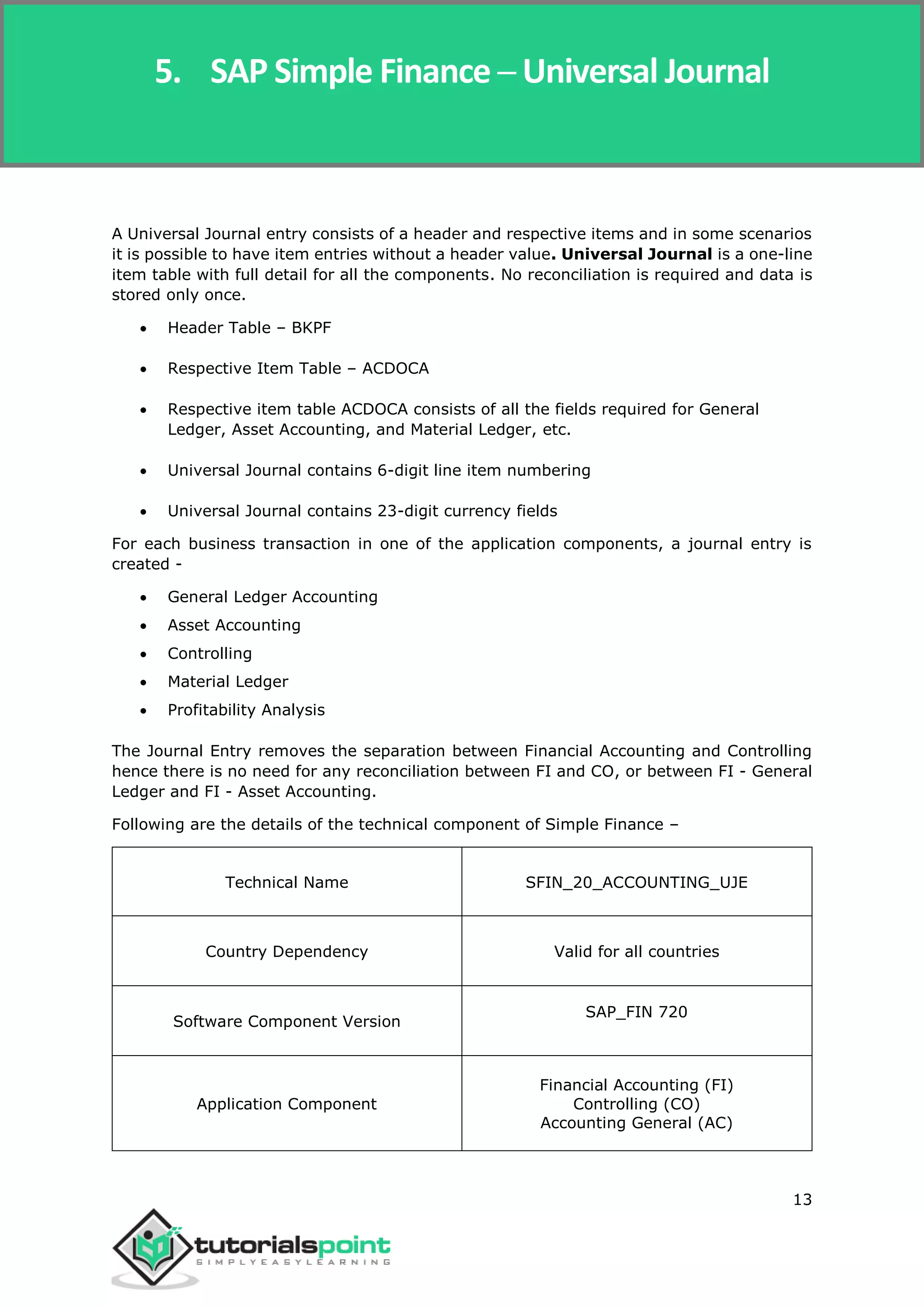 SAP Simple Finance
13
A Universal Journal entry consists of a header and respective items and in some scenarios
it is possible to have item entries without a header value. Universal Journal is a one-line
item table with full detail for all the components. No reconciliation is required and data is
stored only once.
 Header Table – BKPF
 Respective Item Table – ACDOCA
 Respective item table ACDOCA consists of all the fields required for General
Ledger, Asset Accounting, and Material Ledger, etc.
 Universal Journal contains 6-digit line item numbering
 Universal Journal contains 23-digit currency fields
For each business transaction in one of the application components, a journal entry is
created -
 General Ledger Accounting
 Asset Accounting
 Controlling
 Material Ledger
 Profitability Analysis
The Journal Entry removes the separation between Financial Accounting and Controlling
hence there is no need for any reconciliation between FI and CO, or between FI - General
Ledger and FI - Asset Accounting.
Following are the details of the technical component of Simple Finance –
Technical Name SFIN_20_ACCOUNTING_UJE
Country Dependency Valid for all countries
Software Component Version
SAP_FIN 720
Application Component
Financial Accounting (FI)
Controlling (CO)
Accounting General (AC)
5. SAP Simple Finance ─ Universal Journal
 