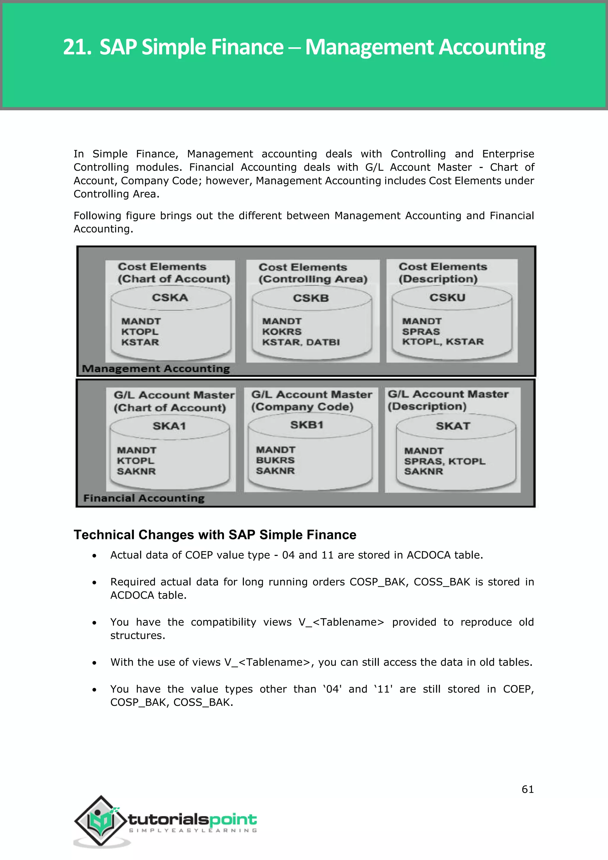 SAP Simple Finance
61
In Simple Finance, Management accounting deals with Controlling and Enterprise
Controlling modules. Financial Accounting deals with G/L Account Master - Chart of
Account, Company Code; however, Management Accounting includes Cost Elements under
Controlling Area.
Following figure brings out the different between Management Accounting and Financial
Accounting.
Technical Changes with SAP Simple Finance
 Actual data of COEP value type - 04 and 11 are stored in ACDOCA table.
 Required actual data for long running orders COSP_BAK, COSS_BAK is stored in
ACDOCA table.
 You have the compatibility views V_<Tablename> provided to reproduce old
structures.
 With the use of views V_<Tablename>, you can still access the data in old tables.
 You have the value types other than ‘04' and ‘11' are still stored in COEP,
COSP_BAK, COSS_BAK.
21. SAP Simple Finance ─ Management Accounting
 