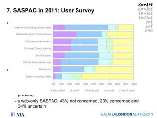 7. SASPAC in 2011: User Survey The future: - 70% expected SASPAC to meet their needs in 2011 - 28% uncertain (wait to see what free tools Census Offices provide) - a web-only SASPAC: 43% not concerned, 23% concerned and 34% uncertain 2001 support services and licence: - found all services useful (manual, UGN, helpdesk, e-bulletins, training, website and enhancements) - screen recording and videos: uncertain - strong support for existing licence model (78% happy) - good support for similar charge (64% happy, 32% uncertain) 