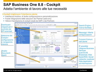 SAP Business One 8.8 - Cockpit
  Adatta l‟ambiente di lavoro alle tue necessità
 I Cockpit migliorano l‟interfaccia utente
    Interfaccia intuitiva, di facile configurazione e personalizzazione
    Facile integrazione delle soluzioni dei Partner (add-ons)
    Veloce importazione di cockpit creati da SAP o dai Partners

Dashboard                                                                  Search Engine –
integrati per il                                                           ricerca facilitata
controllo dei
KPI aziendali
                                                                           Messaggi / Allerte
Selezione dei                                                              od Approvazioni
Cockpit /
configurazione                                                             Funzioni Comuni
o navigazione                                                              dell‟utente
classica
                                                                           E‟ possibile
                                                                           integrare Business
Analisi                                                                    Services
Documenti                                                                  quali Dun&
Aperti                                                                     Bradstreet; Web
                                                                           feeds/RSS; Social
                                                                           networks; qualsiasi
                                                                           Web-Application
                                                                           od informazione.


   © 2011 SAP AG. All rights reserved.                                      Confidential   17
 