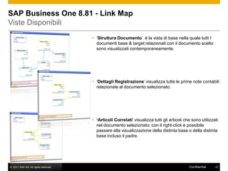 SAP Business One 8.81 - Link Map
Viste Disponibili
                                       „Struttura Documento‟ è la vista di base nella quale tutti I
                                        documenti base & target relazionati con il documento scelto
                                        sono visualizzati contemporaneamente.




                                       „Dettagli Registrazione‟ visualizza tutte le prime note contabili
                                        relazionate al documento selezionato.




                                       „Articoli Correlati‟ visualizza tutti gli articoli che sono utilizzati
                                        nel documento selezionato; con il right-click è possibile
                                        passare alla visualizzazione della distinta base o della distinta
                                        base incluso il padre.




© 2011 SAP AG. All rights reserved.                                                          Confidential   27
 