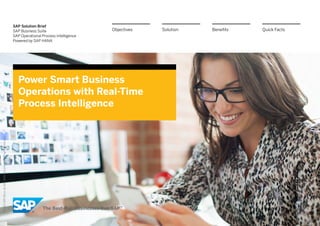 SAP Solution Brief
SAP Business Suite
SAP Operational Process Intelligence
­Powered by SAP HANA
Power Smart Business
­Operations with Real-Time
­Process Intelligence
BenefitsSolutionObjectives Quick Facts
©2013SAPAGoranSAPaffiliatecompany.Allrightsreserved.
 