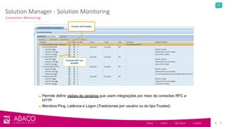 10
Solution Manager - Solution Monitoring
Connection Monitoring
Porto - Lisbon - São Paulo - London
■ Permite definir visões de cenários que usem integrações por meio de conexões RFC e
HTTP
■ Monitora Ping, Latência e Logon (Tradicionais por usuário ou do tipo Trusted)
Cenário de Conexão
Conexão RFC em
questão
 