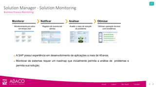 7
Solution Manager - Solution Monitoring
Business Process Monitoring
Porto - Lisbon - São Paulo - London
Monitorar
Monitoramentopro-ativo
em tempo-real
Otimizar
Otimizar operação técnica
com excelência
Analisar
Avaliar o meio de solução
do problema
Notificar
Registro de eventosde
alertas
■ A SAP possui experiência em desenvolvimento de aplicações a mais de 40anos;
■ Monitorar de sistemas requer um roadmap que inicialmente permita a análise de problemas e
permita sua solução;
 