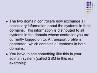  The two domain controllers now exchange all
necessary information about the systems in their
domains. This information is distributed to all
systems in the domain whose controller you are
currently logged on to. A transport profile is
generated, which contains all systems in both
domains.
 You have to see something like this in your
solman system (called SSM in this real
example):
 