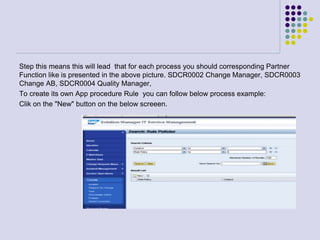 Step this means this will lead that for each process you should corresponding Partner
Function like is presented in the above picture. SDCR0002 Change Manager, SDCR0003
Change AB, SDCR0004 Quality Manager,
To create its own App procedure Rule you can follow below process example:
Clik on the "New" button on the below screeen.
 