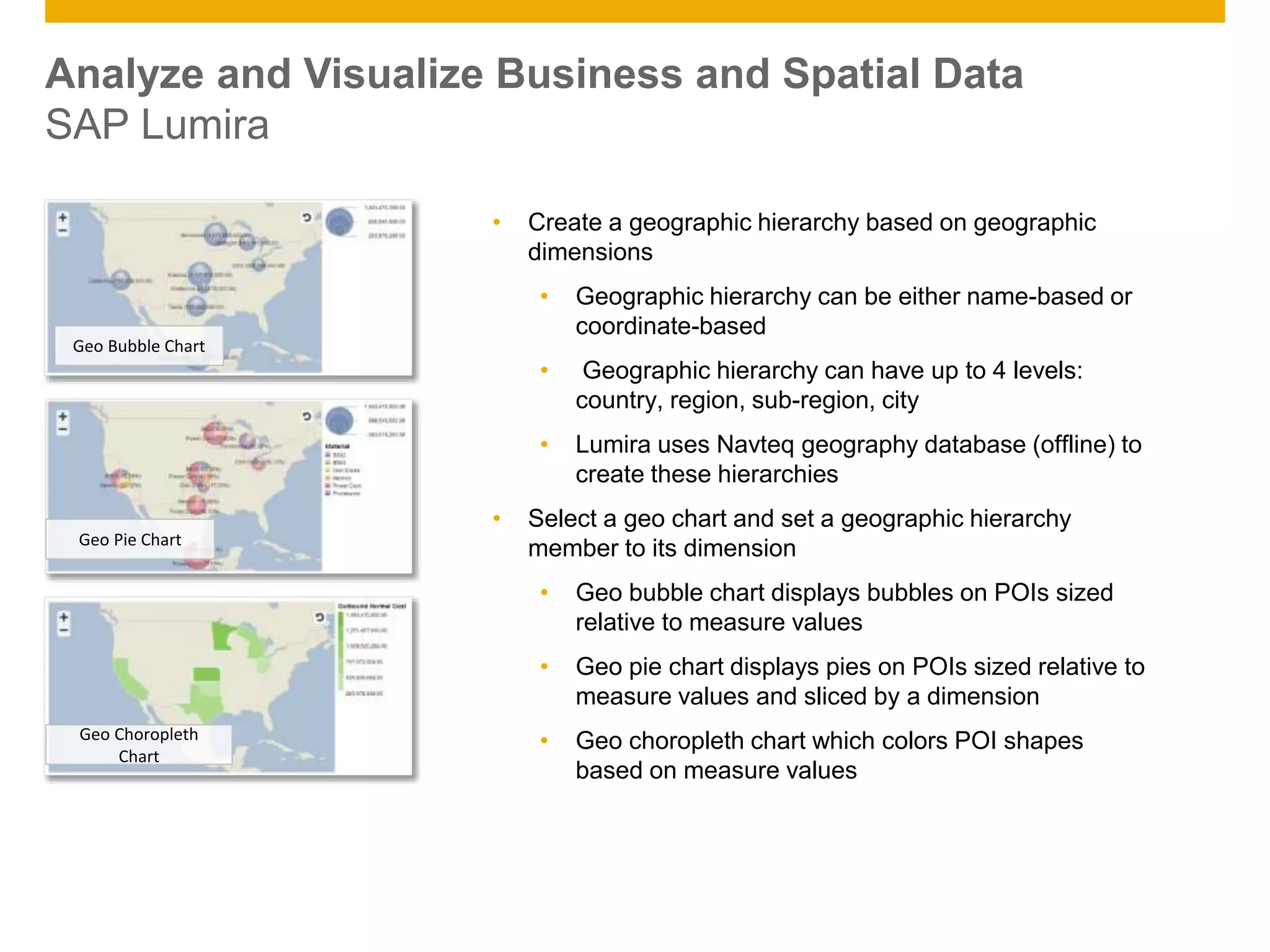 © 2014 SAP AG. All rights reserved. 11Public
Analyze and Visualize Business and Spatial Data
SAP Lumira
Geo Bubble Chart
Geo Pie Chart
Geo Choropleth
Chart
• Create a geographic hierarchy based on geographic
dimensions
• Geographic hierarchy can be either name-based or
coordinate-based
• Geographic hierarchy can have up to 4 levels:
country, region, sub-region, city
• Lumira uses Navteq geography database (offline) to
create these hierarchies
• Select a geo chart and set a geographic hierarchy
member to its dimension
• Geo bubble chart displays bubbles on POIs sized
relative to measure values
• Geo pie chart displays pies on POIs sized relative to
measure values and sliced by a dimension
• Geo choropleth chart which colors POI shapes
based on measure values
 