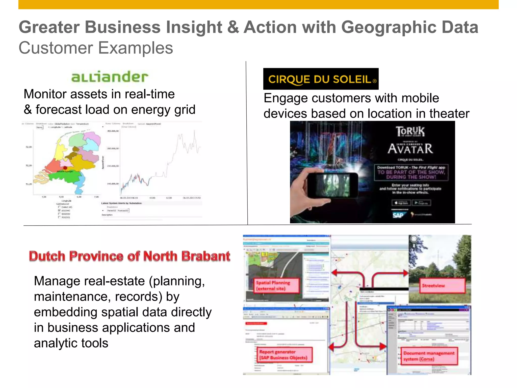 © 2014 SAP AG. All rights reserved. 21Public
Greater Business Insight & Action with Geographic Data
Customer Examples
Monitor assets in real-time
& forecast load on energy grid
Engage customers with mobile
devices based on location in theater
Manage real-estate (planning,
maintenance, records) by
embedding spatial data directly
in business applications and
analytic tools
 