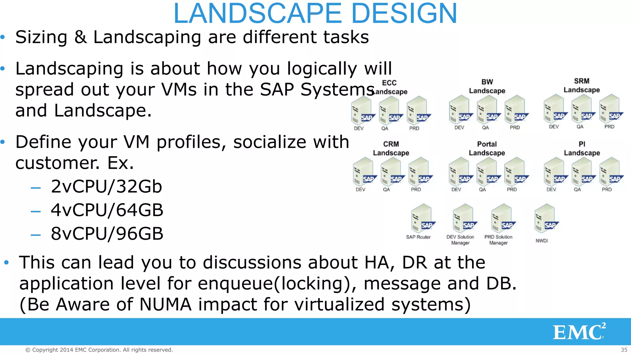 LANDSCAPE DESIGN 
• Sizing & Landscaping are different tasks 
• Landscaping is about how you logically will 
spread out your VMs in the SAP Systems 
and Landscape. 
• Define your VM profiles, socialize with 
customer. Ex. 
– 2vCPU/32Gb 
– 4vCPU/64GB 
– 8vCPU/96GB 
• This can lead you to discussions about HA, DR at the 
application level for enqueue(locking), message and DB. 
(Be Aware of NUMA impact for virtualized systems) 
© Copyright 2014 EMC Corporation. All rights reserved. 35 
 