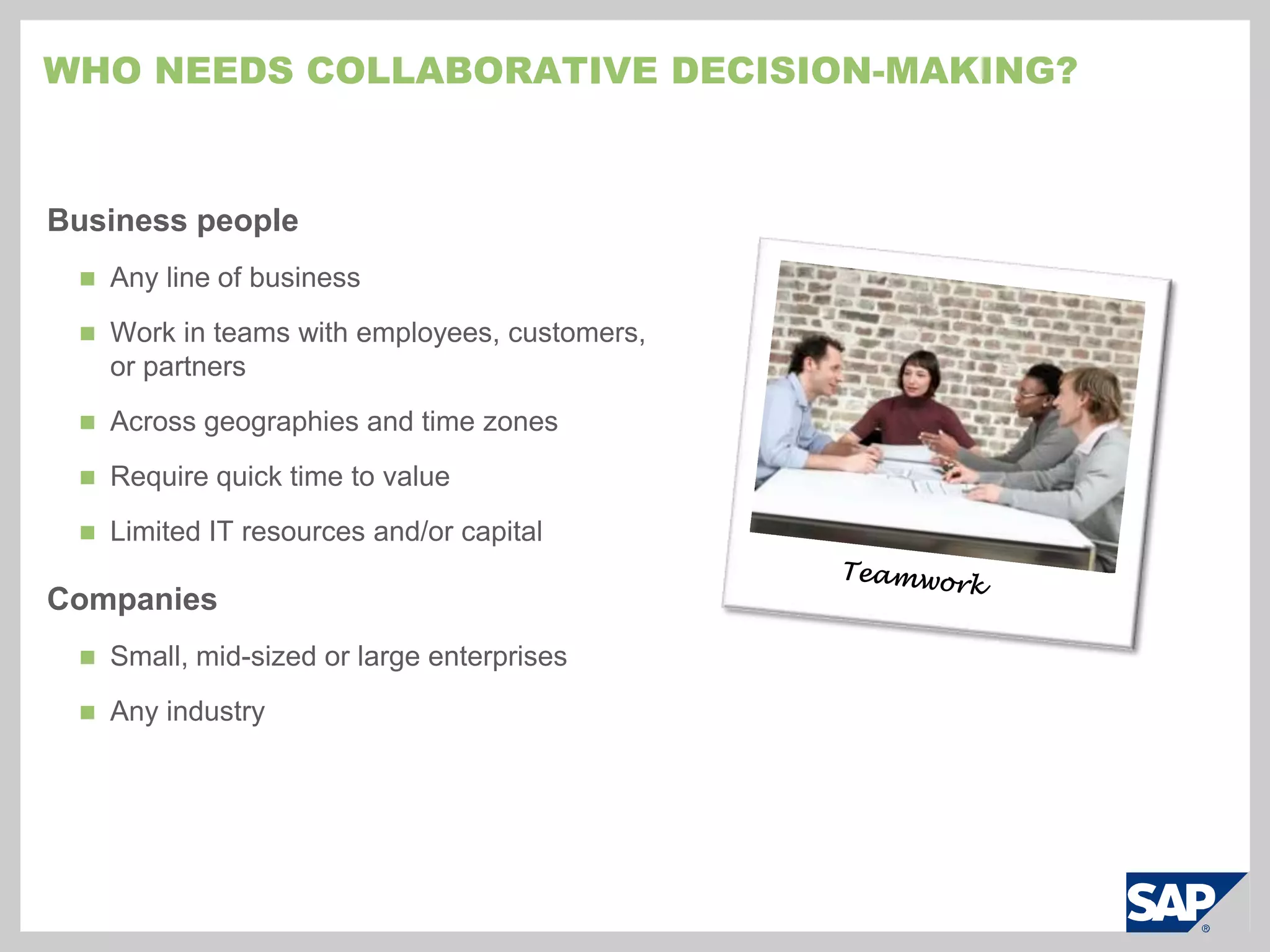 Additional ways to use sAPStreamworkSalesPerform yearly or quarterly sales planningCollaborate with customers through an opportunity cycleCreate sales proposals and presentations with extended teamManage a weekly pipeline forecast meetingManage ongoing sales metrics with managementMarketingYearly or quarterly marketing planningPlan an eventCollect input from an extended team to create collateralDesign or analyze a marketing campaignName a product or select a logo designManage ongoing marketing metrics with management or stakeholdersFinanceDefine KPIsManage budget processManage M&A activitiesTrack sign-off process around large investments © SAP 2010 / Page 7HRTrack recruitment process with job applicants