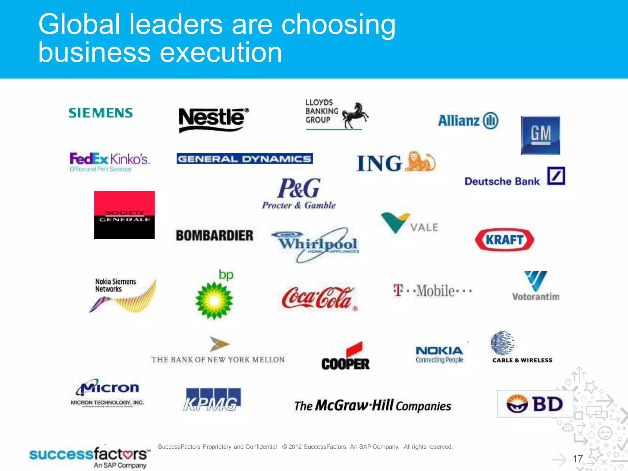 17 SuccessFactors Proprietary and Confidential © 2012 SuccessFactors, An SAP Company. All rights reserved.
17
Global leaders are choosing
business execution
 