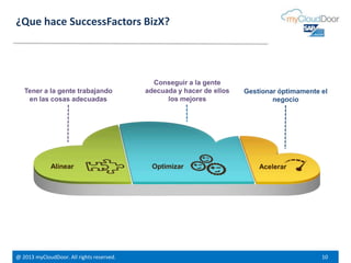 @ 2013 myCloudDoor. All rights reserved. 10
¿Que hace SuccessFactors BizX?
Tener a la gente trabajando
en las cosas adecuadas
Gestionar óptimamente el
negocio
Alinear Optimizar Acelerar
Conseguir a la gente
adecuada y hacer de ellos
los mejores
 