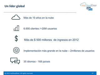 @ 2013 myCloudDoor. All rights reserved. 17
Un líder global
Más de 10 años en la nube
6.000 clientes /~20M usuarios
Implementación más grande en la nube – 2millones de usuarios
35 idiomas - 168 países
Más de $ 500 millones de ingresos en 2012
 